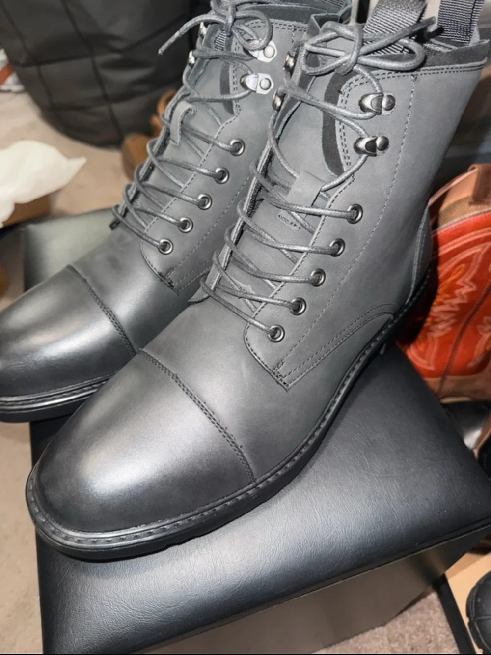 Men's Lace-Up Cap-Toe Combat Boots - Charcoal Gray